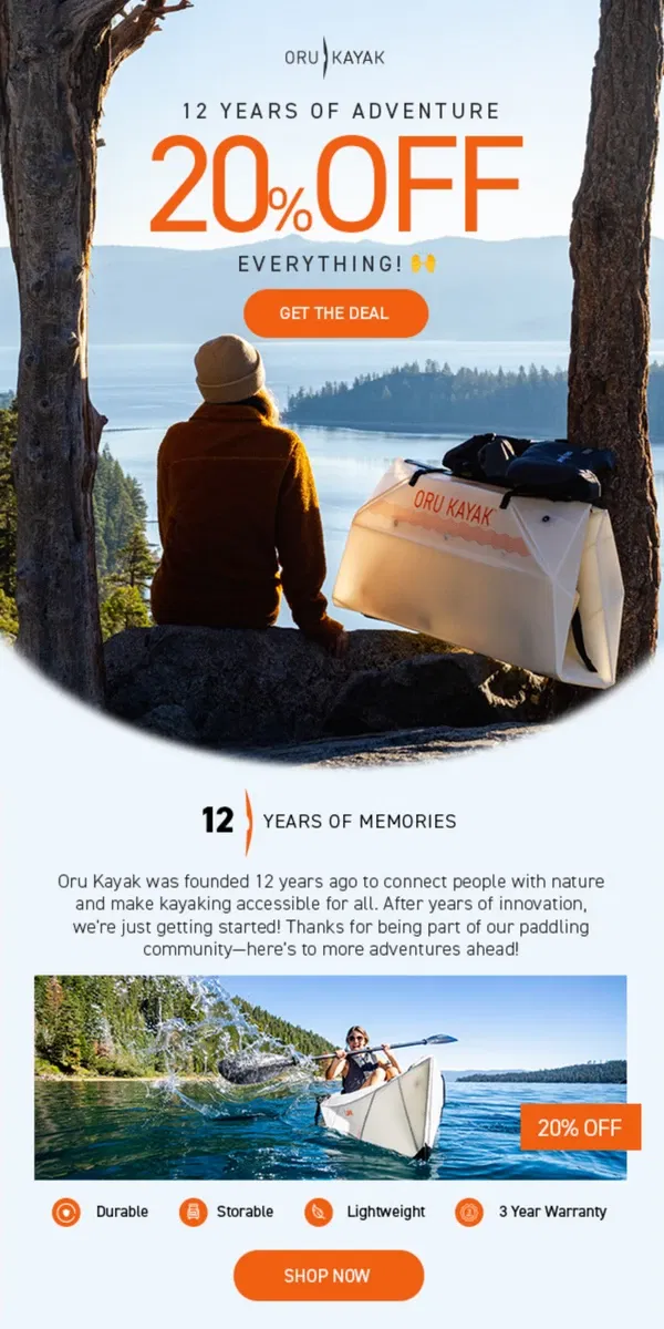 Email from Oru Kayak. 20% Off | The World's First Origami Kayak 🌎