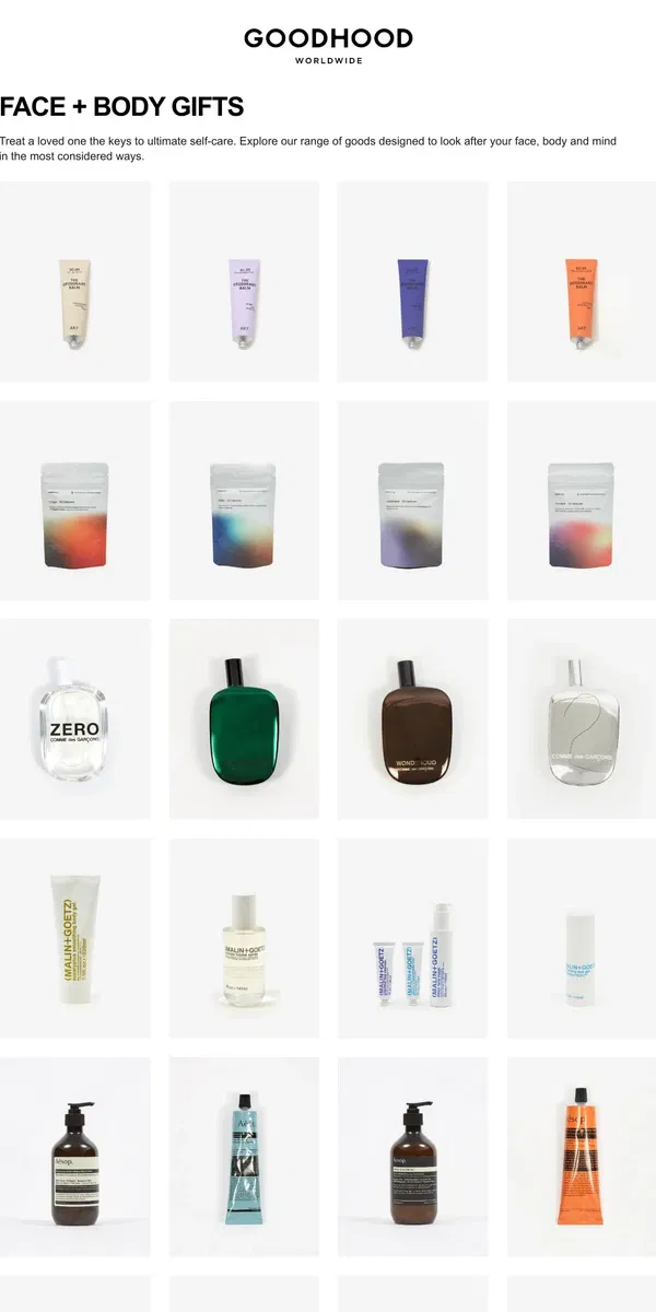 Email from Goodhood. Give the Gift of Self Care - The Best Face + Body Gifts