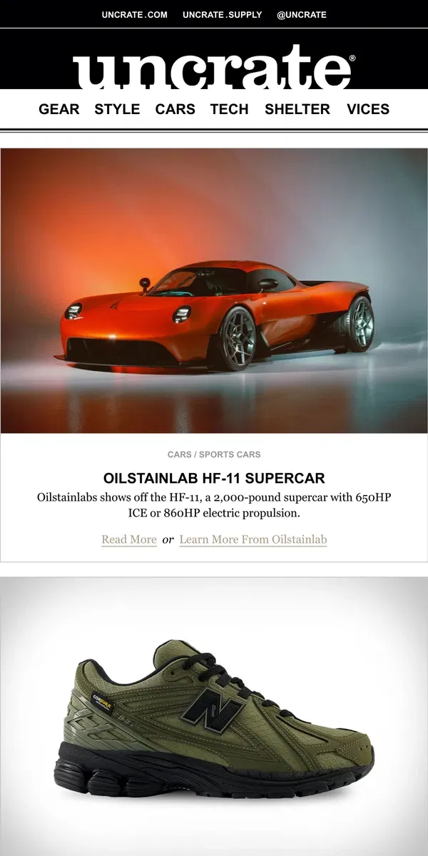 Email from Uncrate. Oilstainlab HF-11 Supercar & more