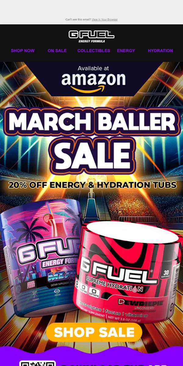 Email from G FUEL. 🚀Get 20% off G FUEL Hydration and Energy Tubs!