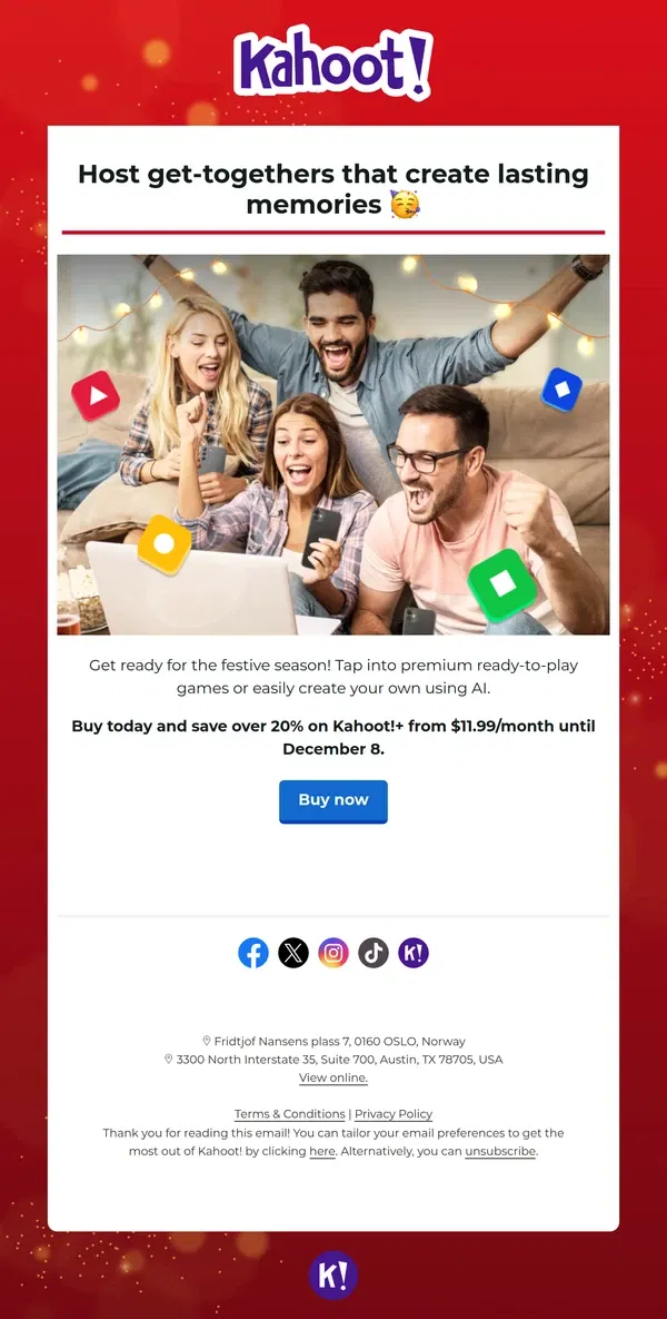 Email from Kahoot!. Hey, save over 20% on Kahoot!+ this festive season!