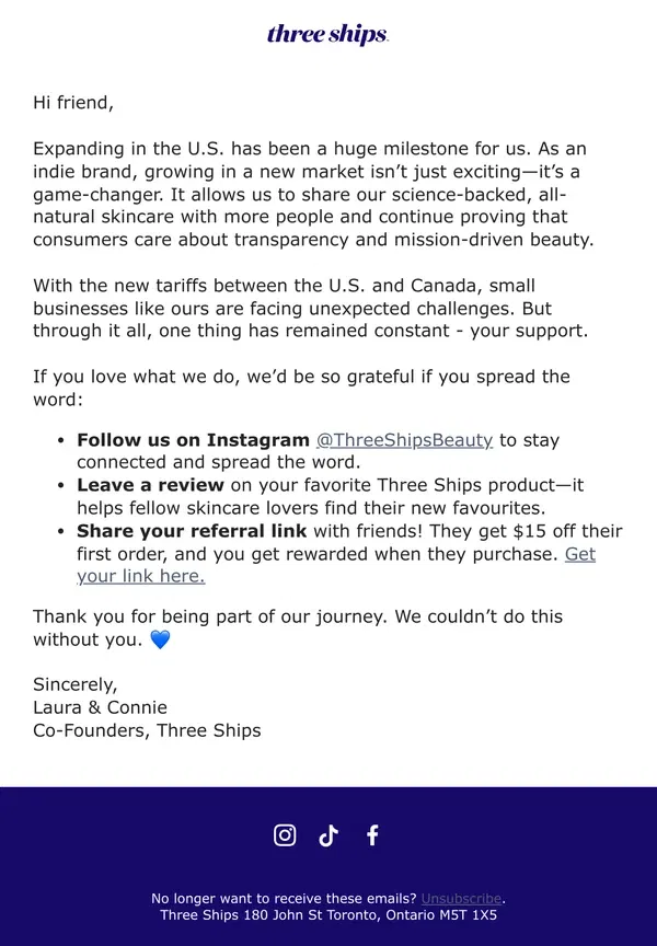 Email from Three Ships Beauty. A message from our Founders