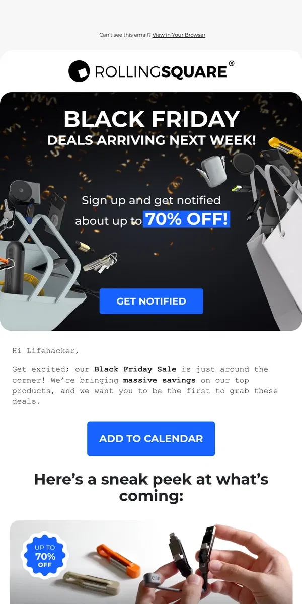 Email from Rolling Square. Black Friday deals arriving next week!