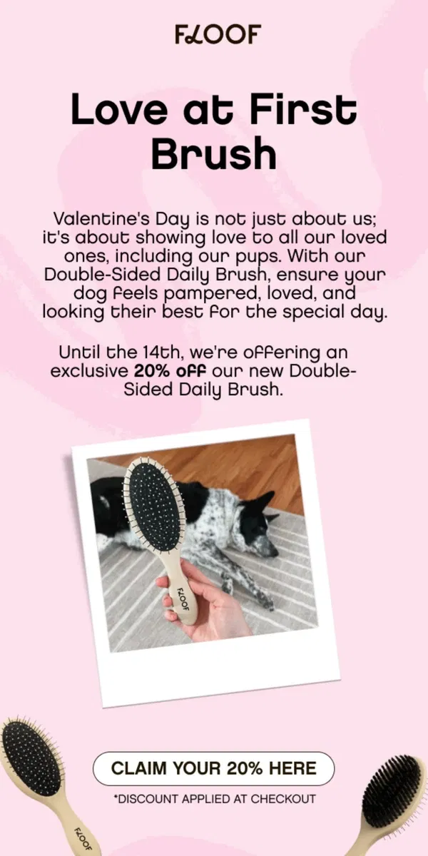 Email from Floof. Valentine’s Glow-Up 💘 20% Off Our Double-Sided Brush!