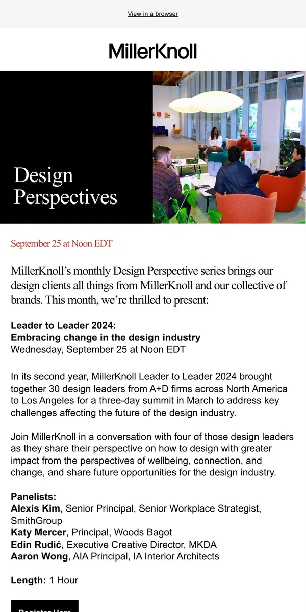 Email from Herman Miller. Join Us on September 25 for MillerKnoll’s Design Perspectives Series on Embracing Change in the Design Industry