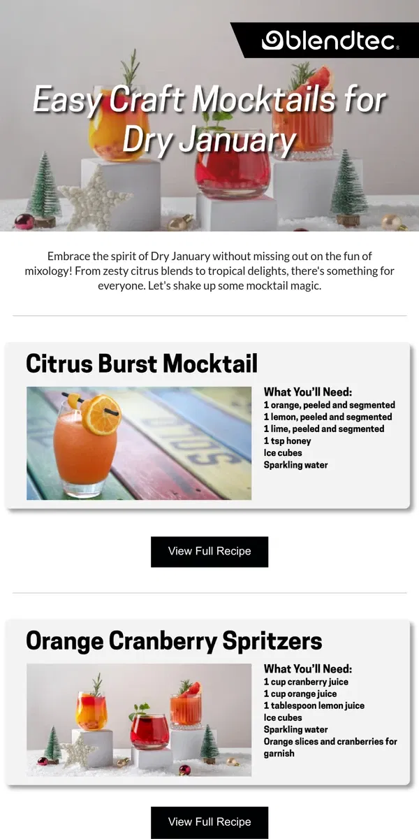 Email from Blendtec. Try Dry January with Easy Mocktails!