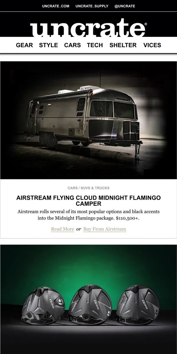 Email from Uncrate. Airstream Flying Cloud Midnight Flamingo Camper & more