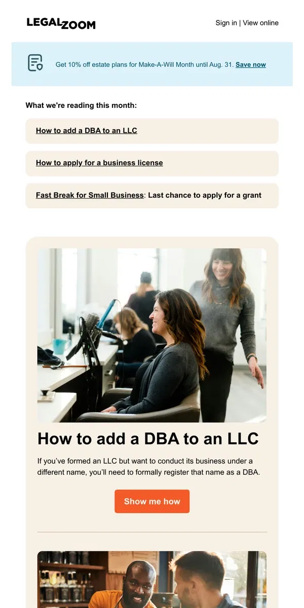 Email from LegalZoom. How to amp up your marketing with a DBA