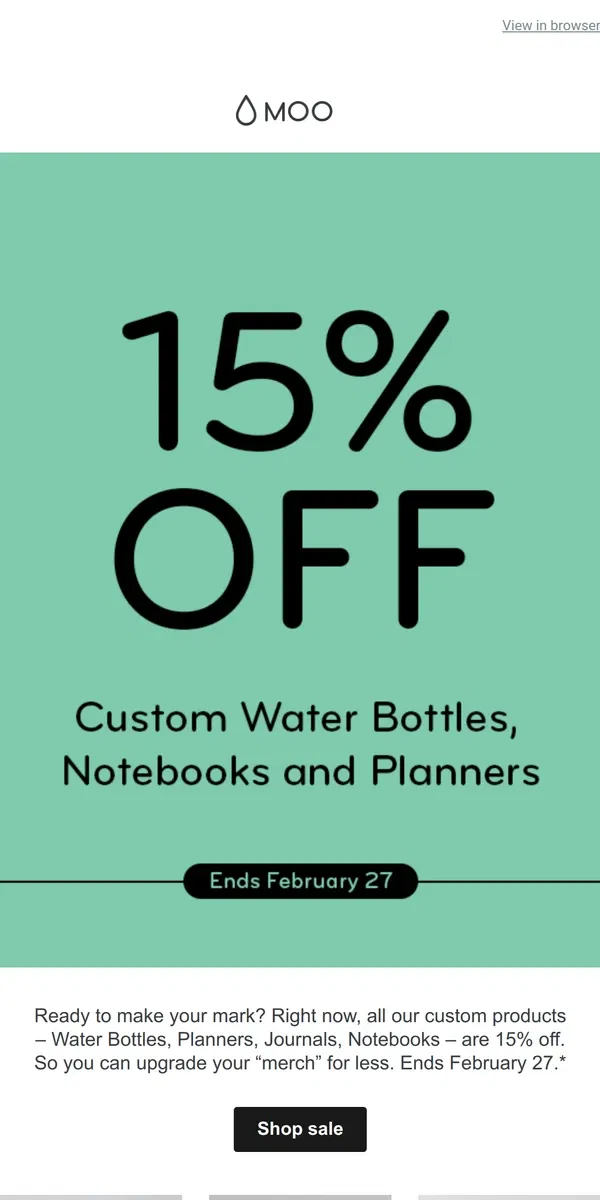 Email from MOO. Upgrade your “merch” with 15% off