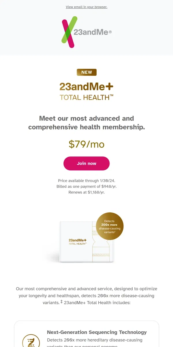 Email from 23andMe. Introducing 23andMe+ Total Health