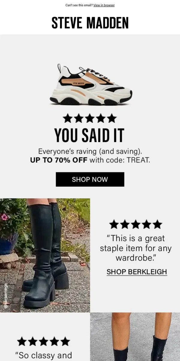 Email from Steve Madden. Up To 70% Off 5-Star Styles