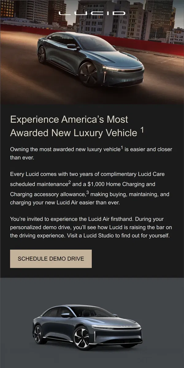 Email from Lucid Motors. John, the Lucid Air awaits you.