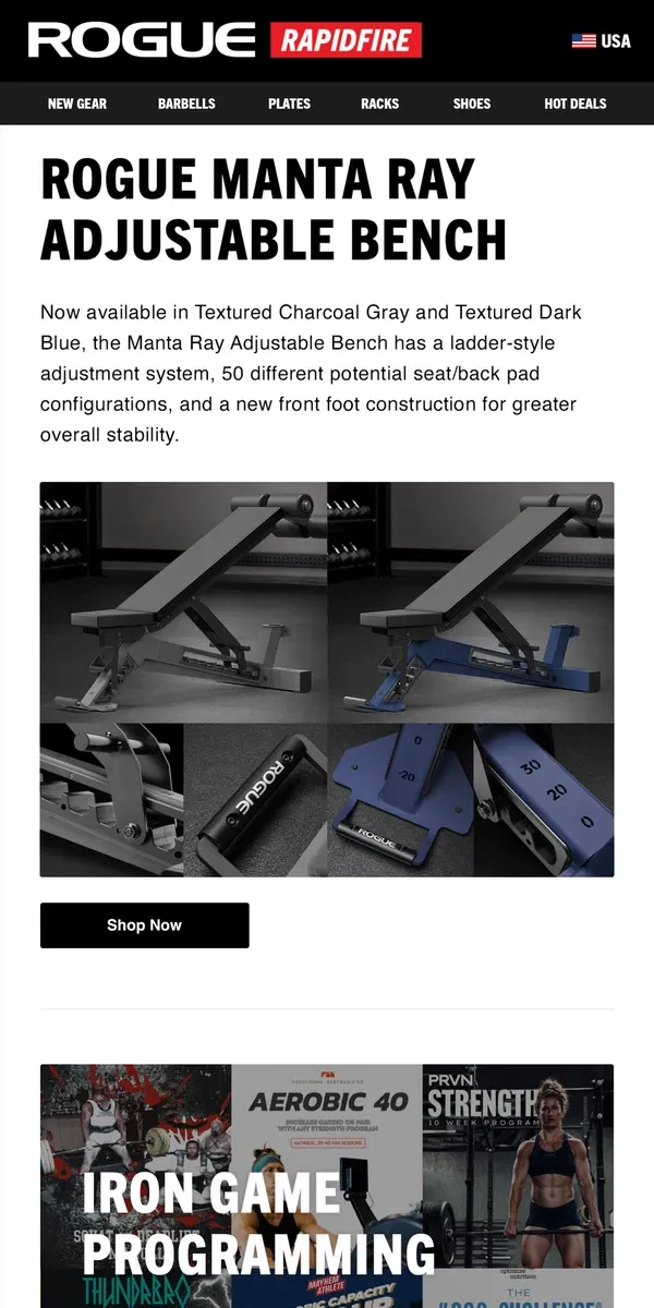 Email from Rogue Fitness. Just Launched: New Rogue Manta Ray Adjustable Bench Colors