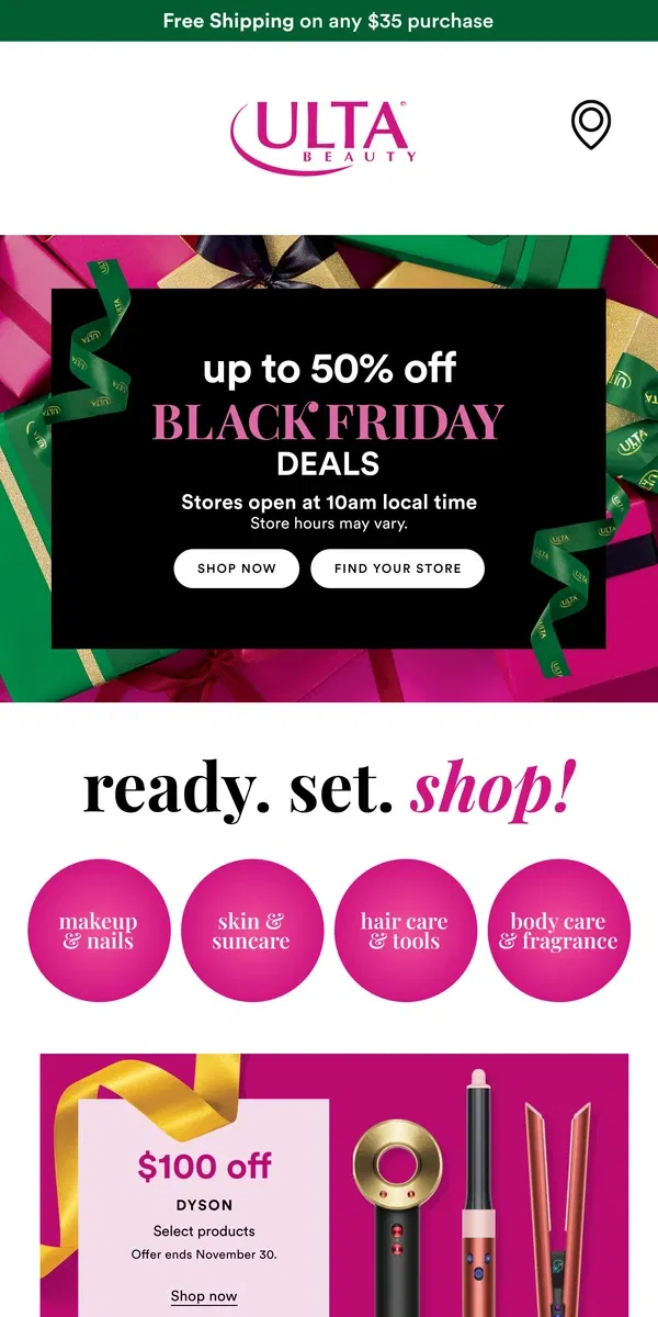 Email from Ulta Beauty. Stores open at 10am—shop Black Friday deals online NOW! 🛍️