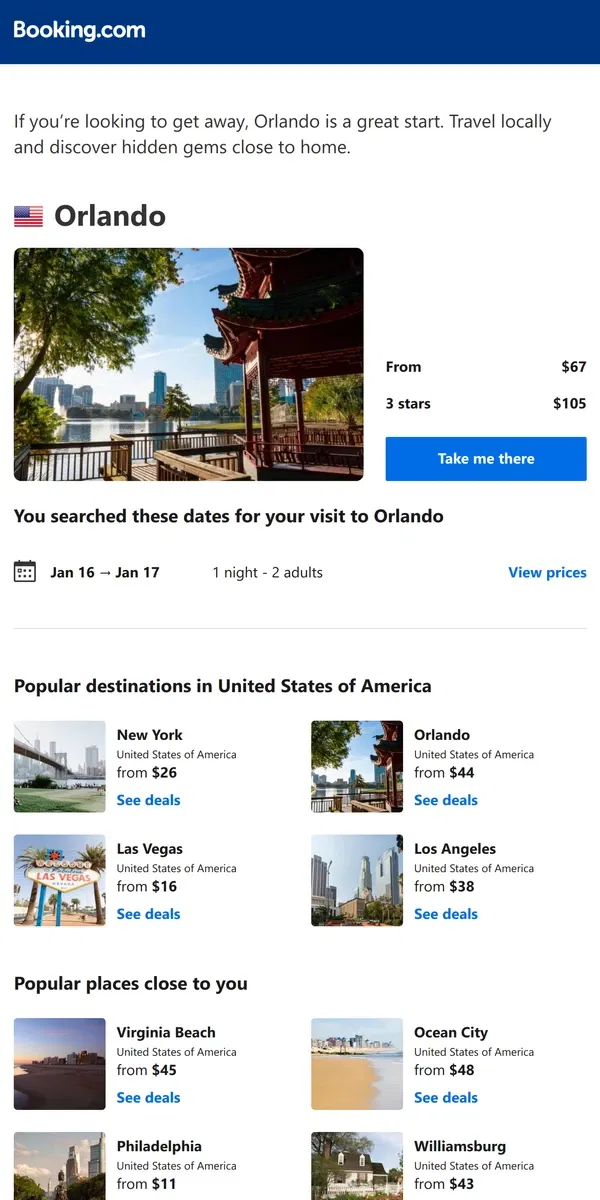 Email from Booking.com. Deals in Orlando from $67 for your dates