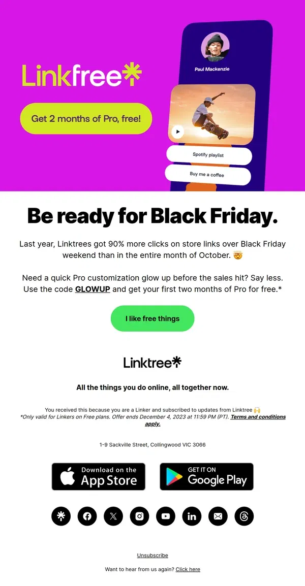 Email from Linktree. 🎁 Get 2 months of Pro for free, on us!