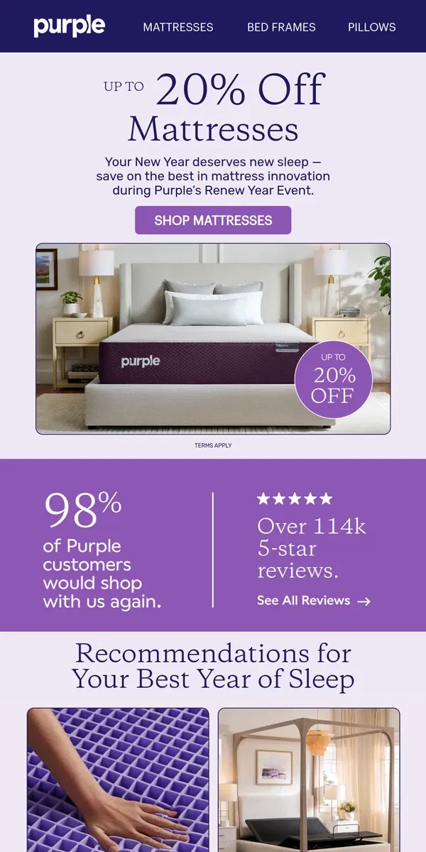 Email from Purple. New for You: Up to 20% Off Mattresses