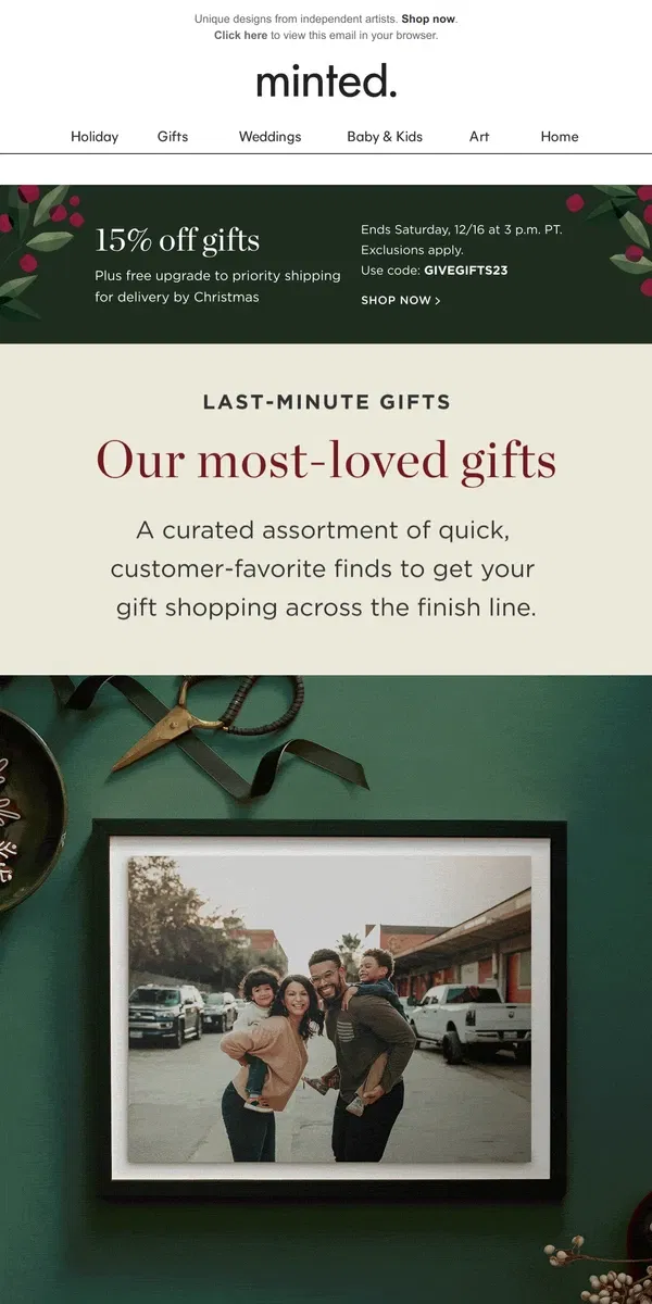 Email from Minted. Our most-loved gifts + 15% off