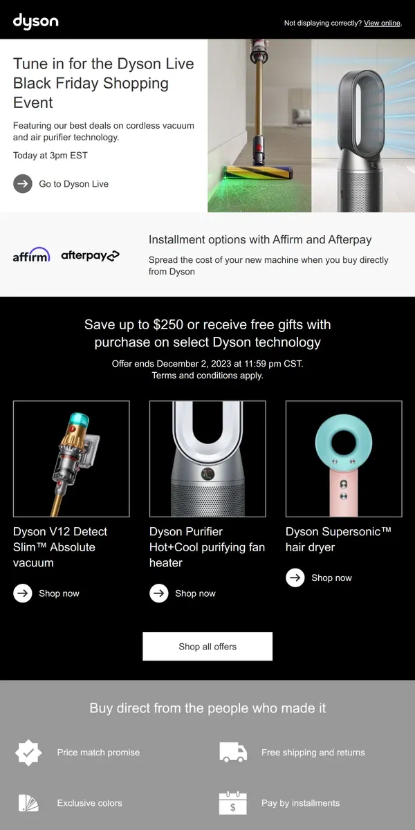 Email from Dyson. Starting soon: The Dyson Live Holiday Shopping Event