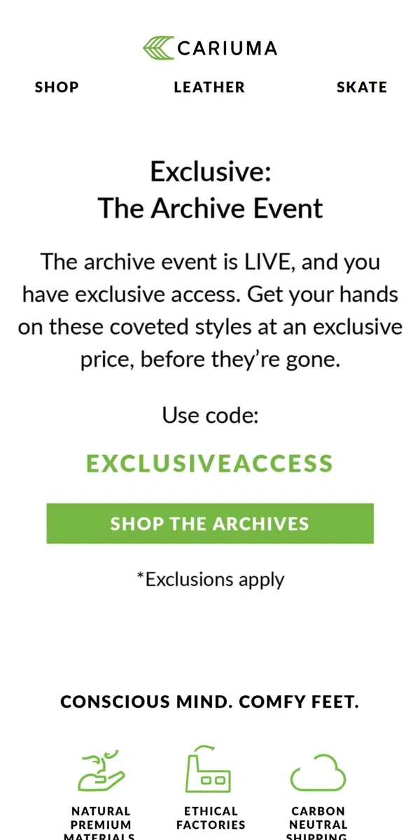 Email from Cariuma. Exclusive Access: The Archive Event