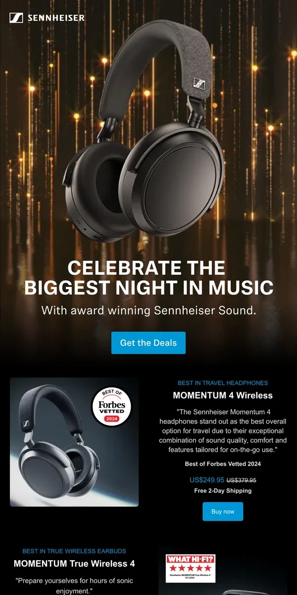 Email from Sennheiser. Experience Award-Winning Sound