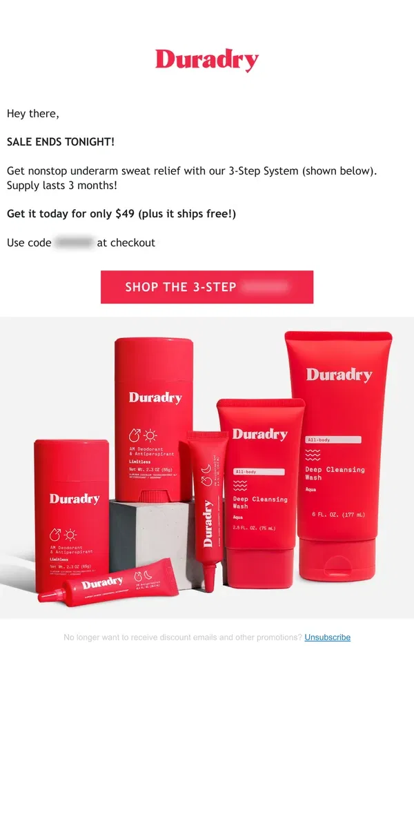 Email from Duradry. ENDS TONIGHT: 48% OFF on Award-winning Sweat Relief Routine