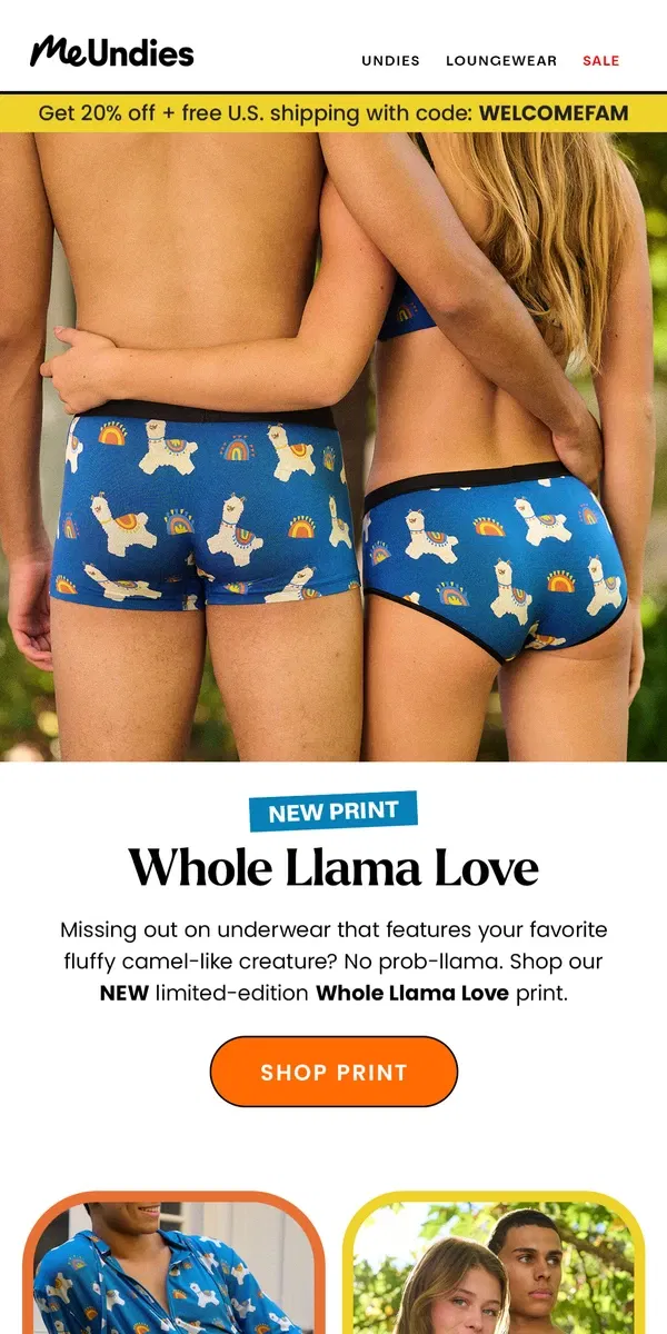 Email from MeUndies. 🦙 New Print: Whole Llama Love 🦙