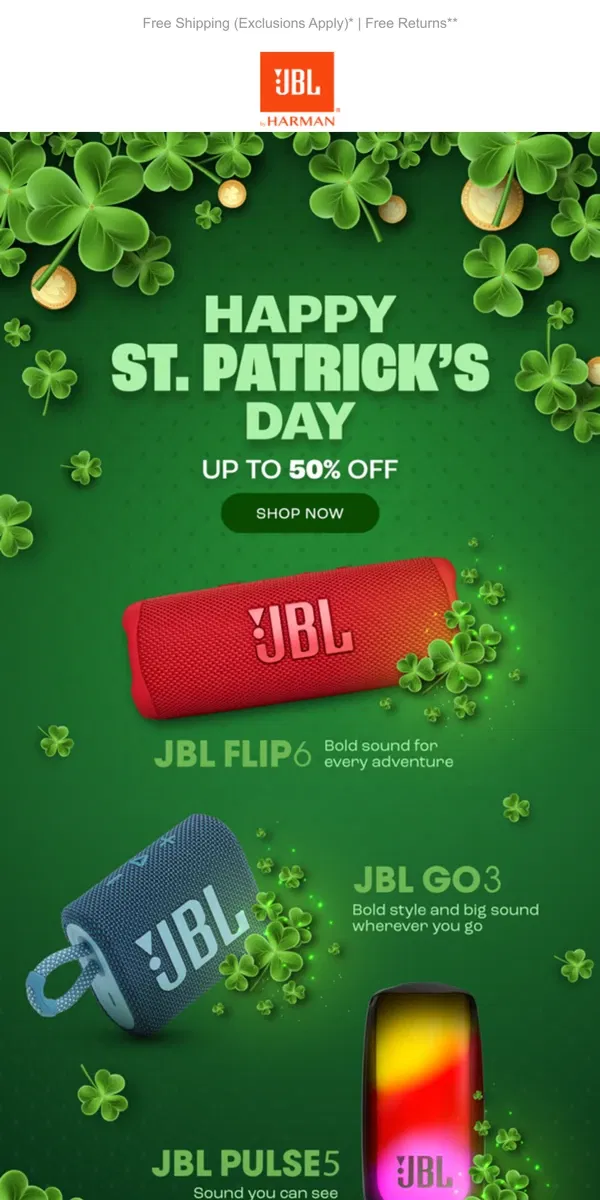 Email from JBL. ☘️ Celebrate Saint Patrick's Day with JBL - Discounts Up to 50% off!