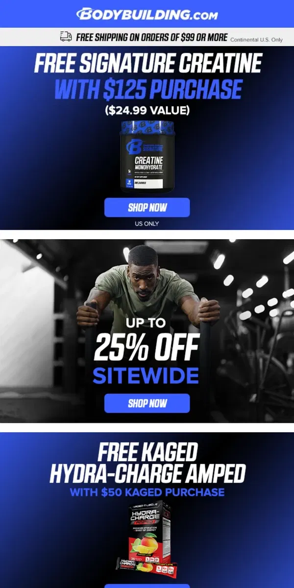 Email from Bodybuilding.com. Massive Savings in ⚡ PRE-WORKOUT + FREE Signature Creatine Offer!