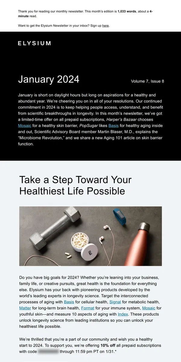 Email from Elysium Health. Jan Newsletter: Harper’s Bazaar Chooses Mosaic