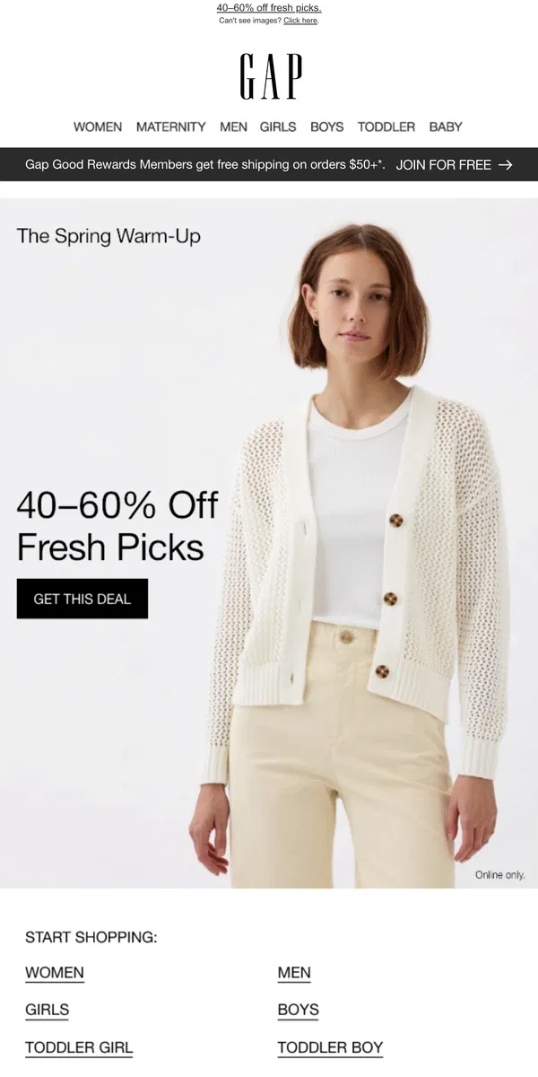 Email from GAP. Spring is coming: enjoy 40–60% off