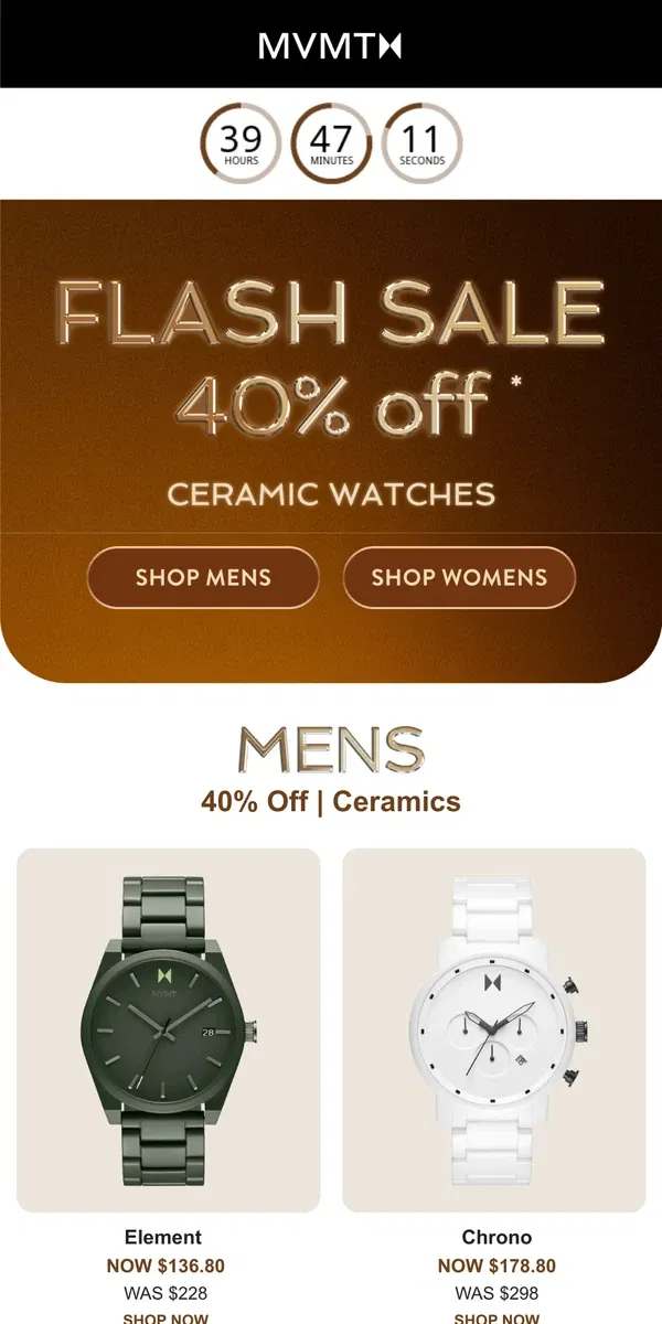 Email from MVMT. 40% Off All Ceramics