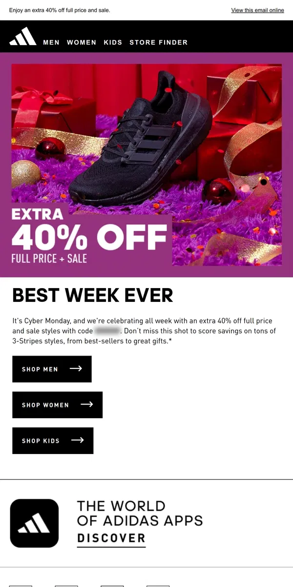 Email from Adidas. 40% off: The Cyber Monday sale event is here 🎉