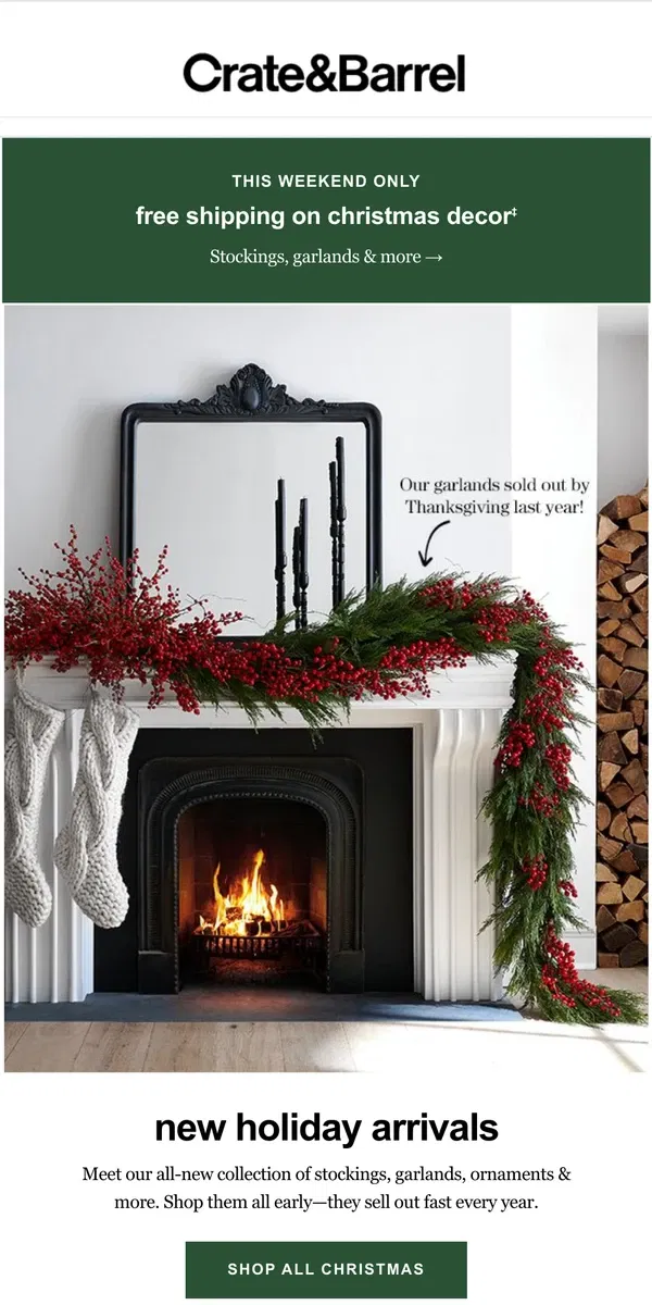 Email from Crate & Barrel. Free shipping on holiday decor, this weekend ONLY →