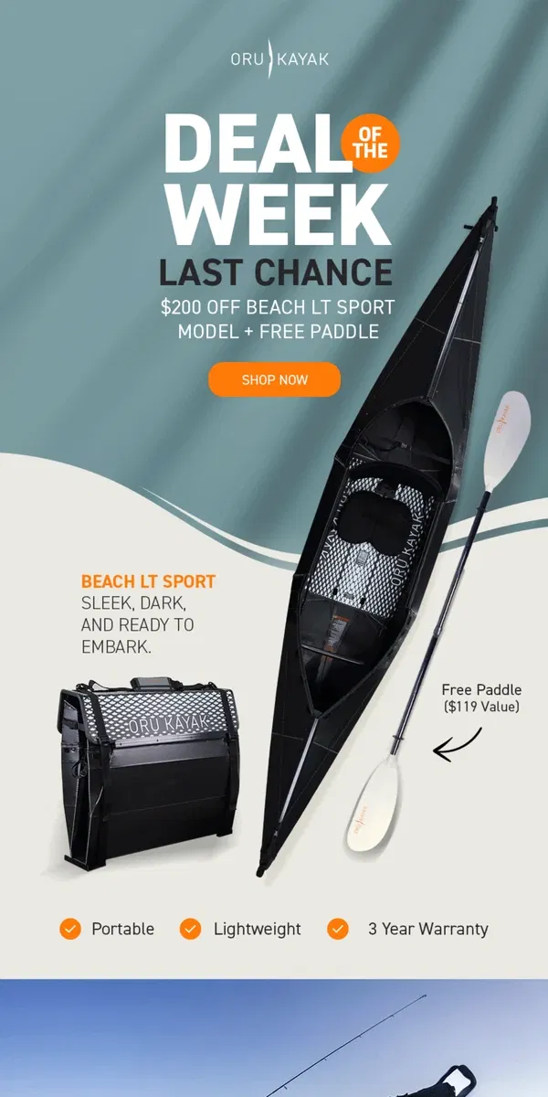 Email from Oru Kayak. Last Call 📣 $200 off Beach LT Sport + Free Paddle