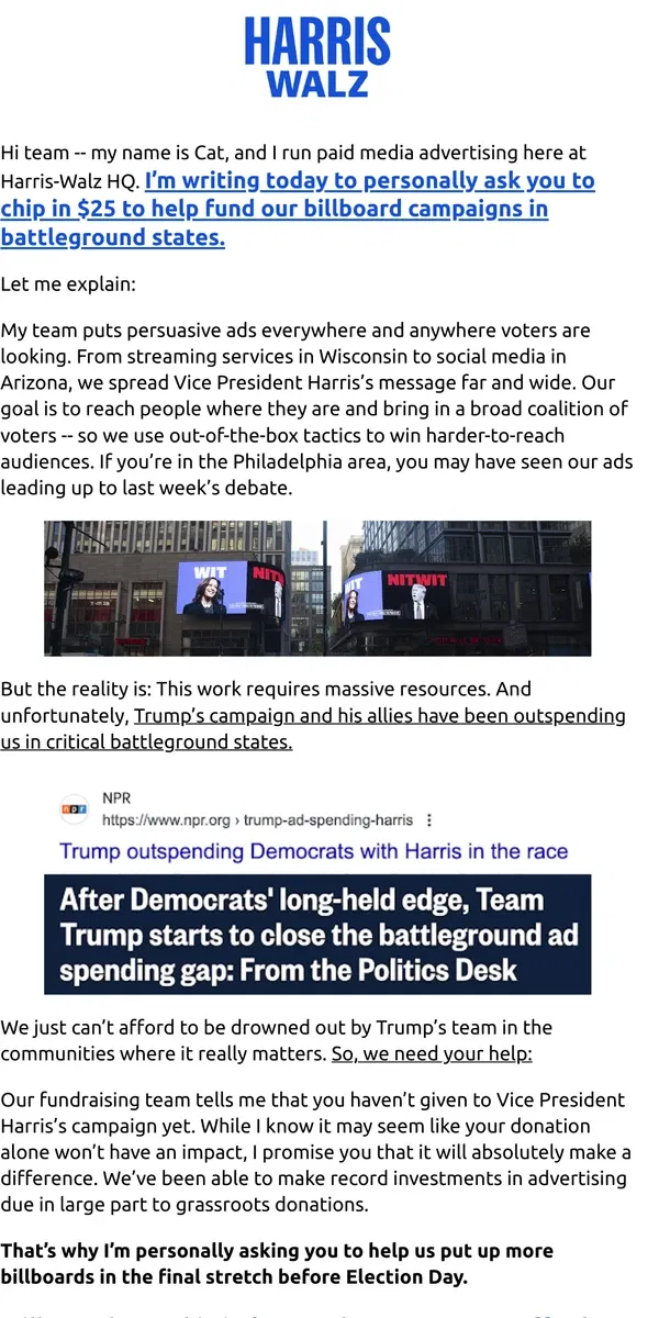 Email from Kamala Harris. Re: Billboards