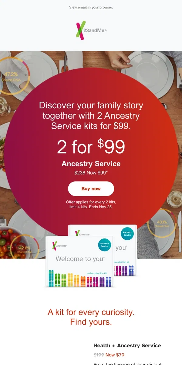 Email from 23andMe. Get 2 Ancestry Service kits for $99