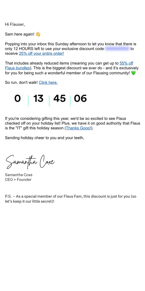 Email from Flaus. ✨Only 12 Hours Left for 25% off Everything! 🦷