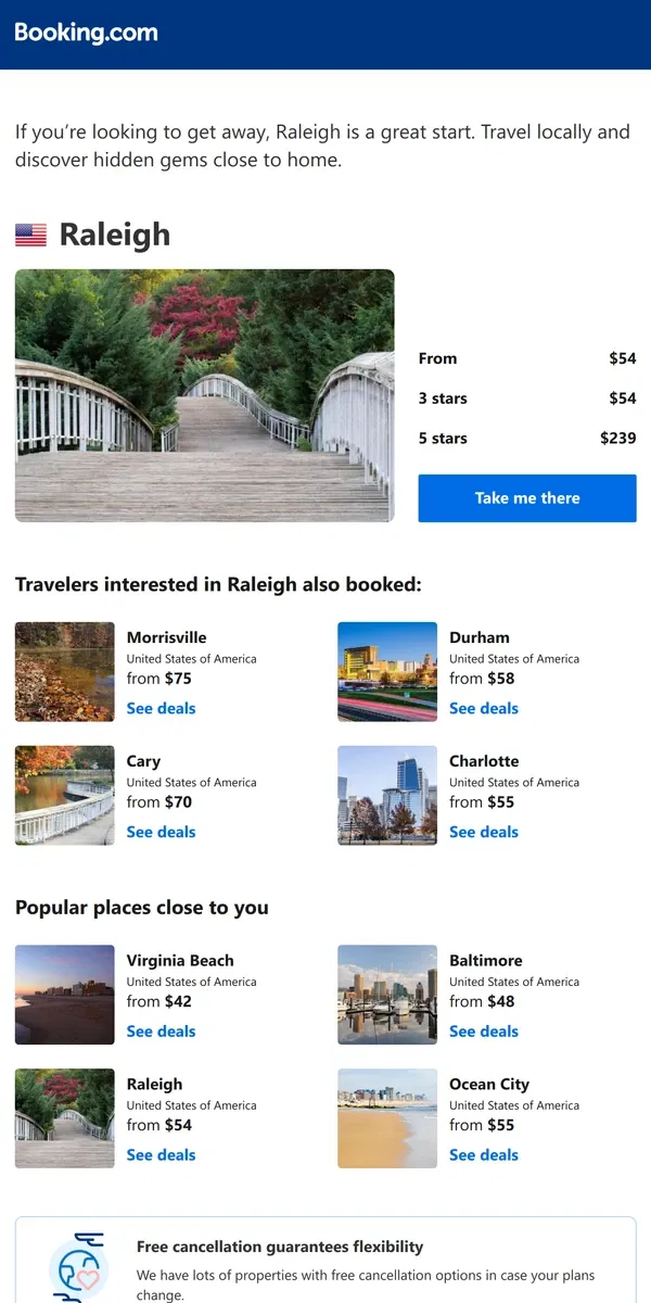 Email from Booking.com. Deals in Raleigh from $54 for February