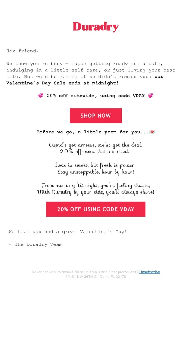 Email from Duradry. Freshness > Flowers - 20% off ends at midnight!