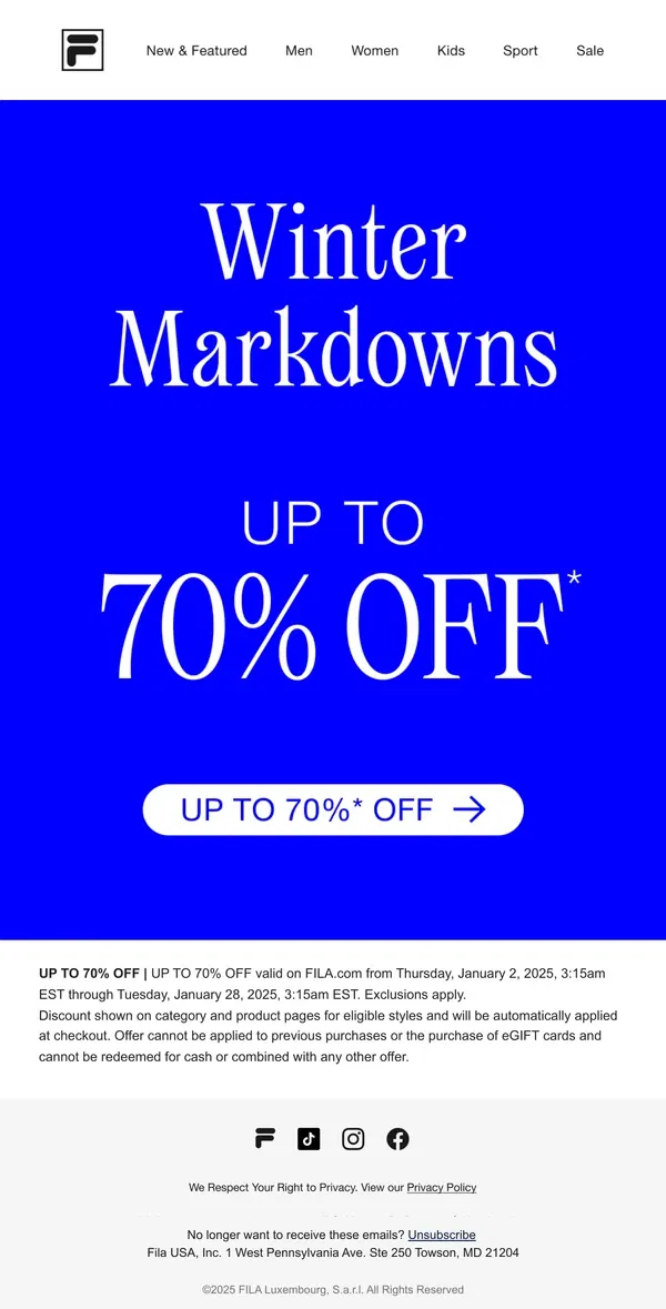 Email from FILA. Winter Markdowns, Up to 70% Off