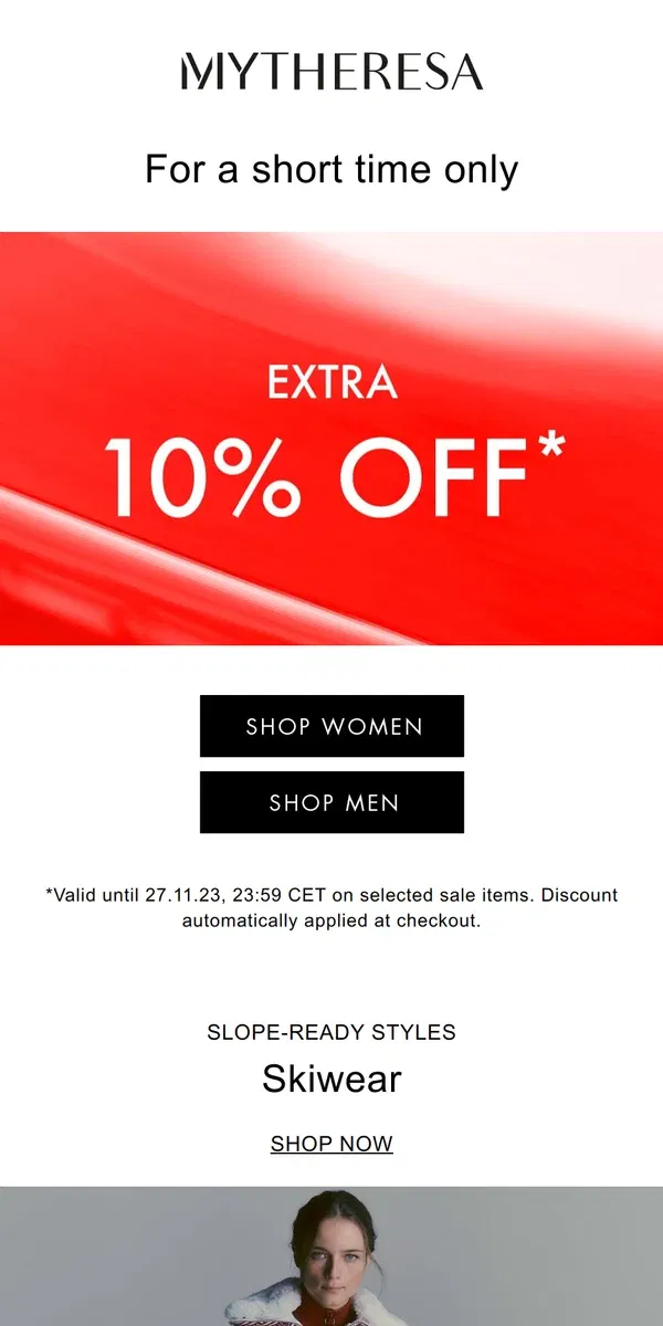 Email from Mytheresa. Extra 10% off selected sale items, for a short time only