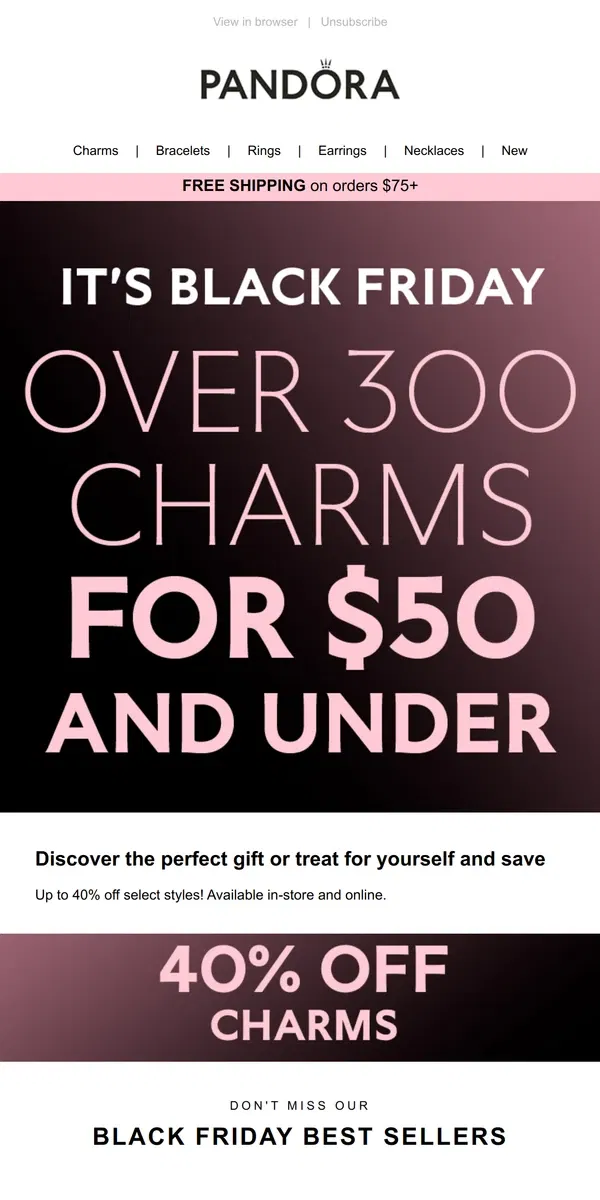 Email from Pandora Jewelry. More charms added to 40% Black Friday sale!