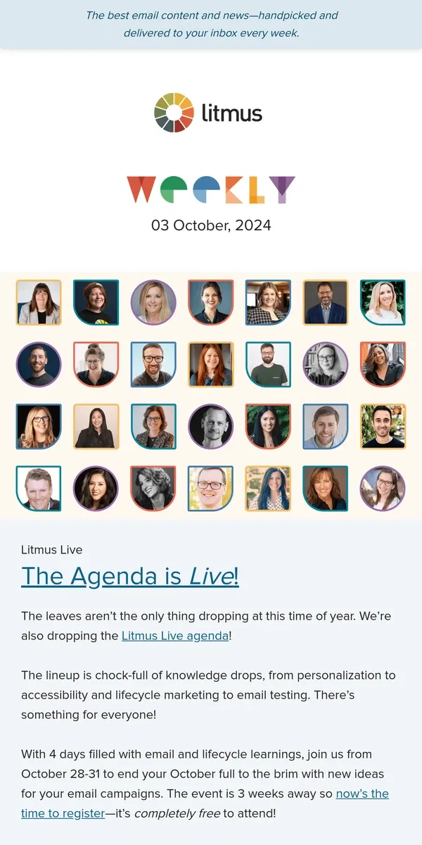 Email from Litmus. ✨ Agenda reveal for Litmus Live, predictions for Black Friday, and customer retention