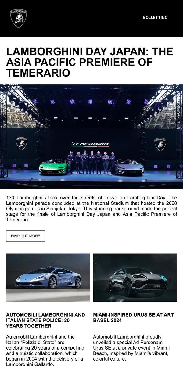 Email from Lamborghini. Lamborghini Day Japan: The Asia Pacific Premiere of Temerario