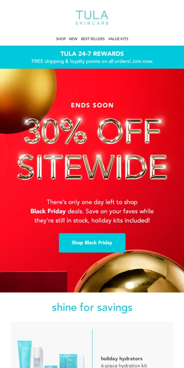 Email from TULA Skincare. Black Friday deals going fast