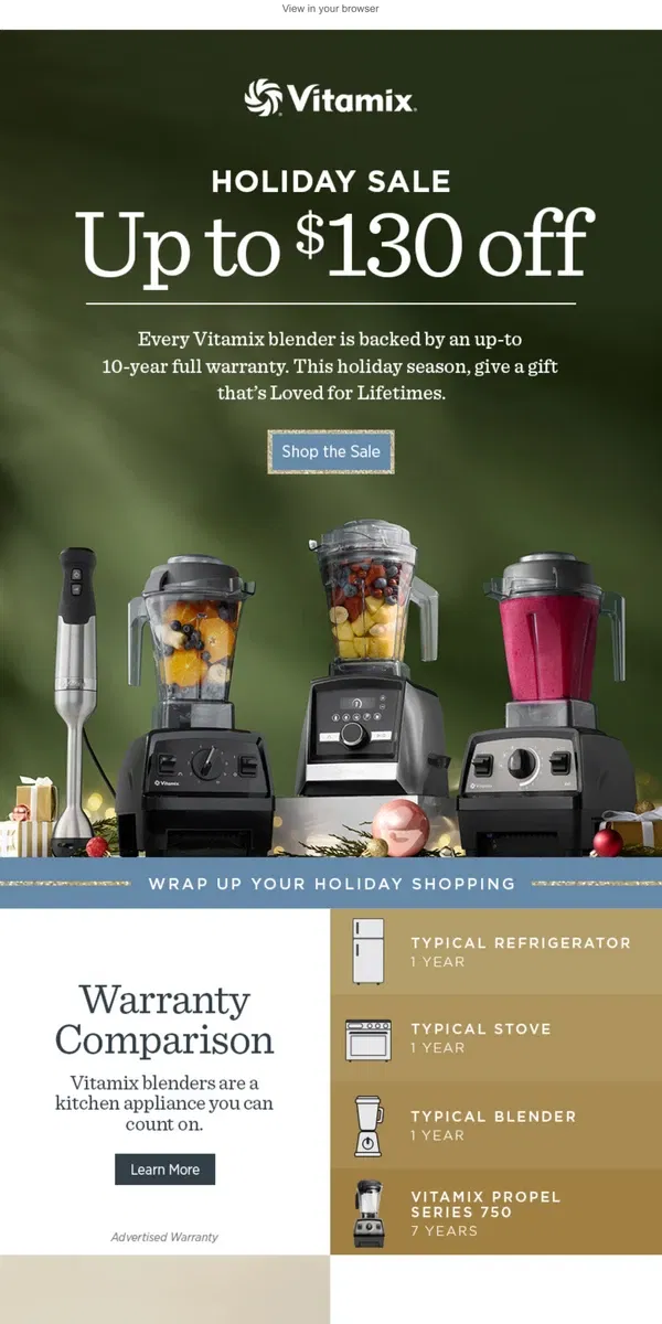 Email from Vitamix. Shop Holiday Deals: Save up to $130!