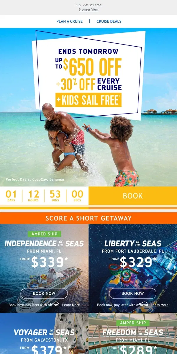 Email from Royal Caribbean. **BOOK BY TOMORROW** Activate your offer for an unbeatable deal before its gone!