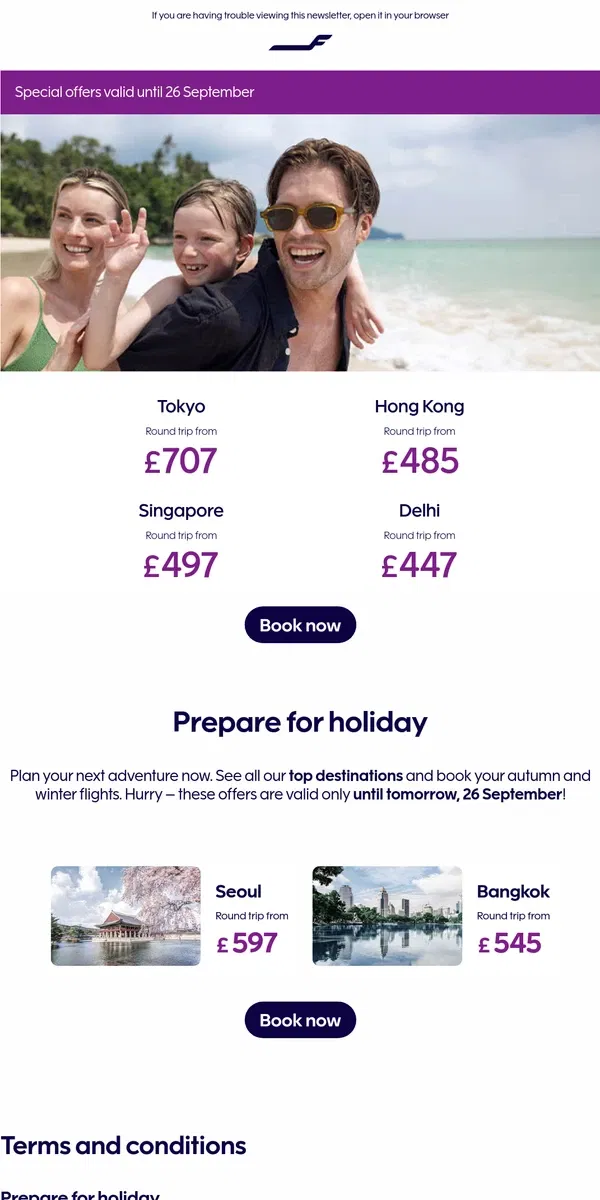 Email from Finnair. Special offers end tomorrow – book flights now