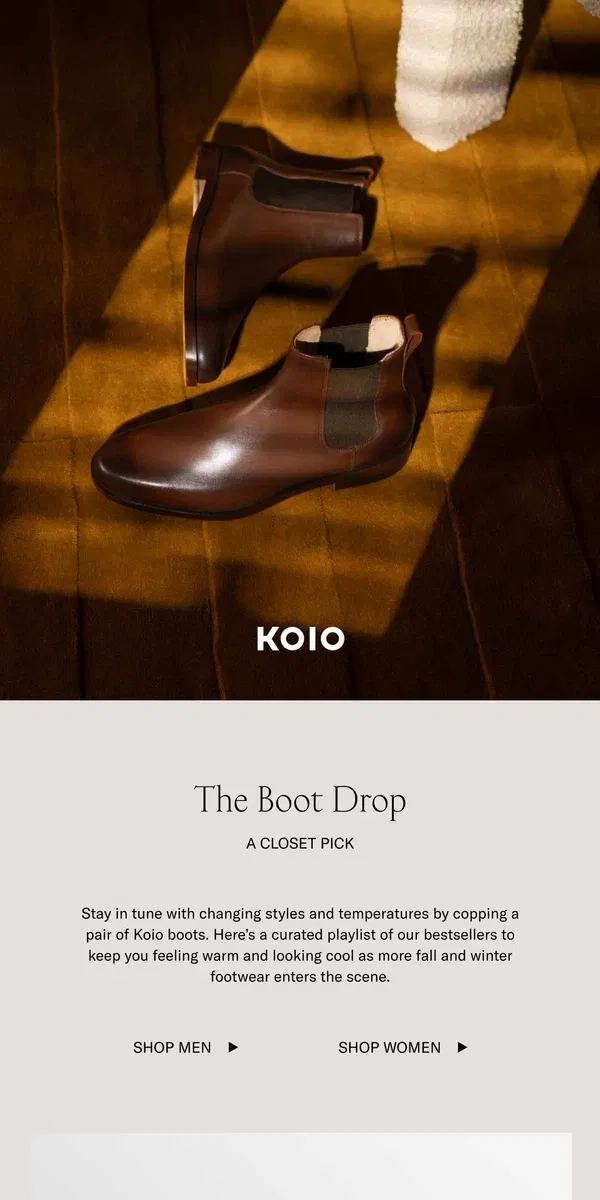 Email from Koio. Boots by Koio